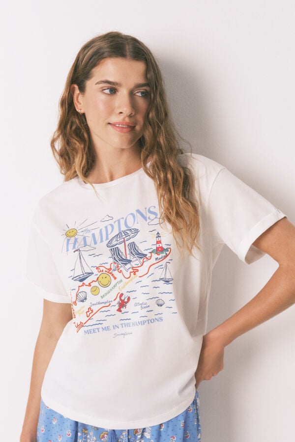 Women'secret Playera de algodón Smile Off White marfil