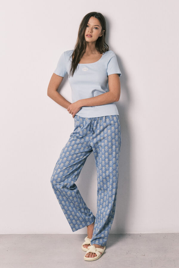 Women'secret Pijama larga de algod&oacute;n de manga corta azul azul