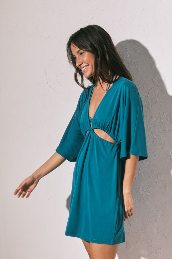 Women'secret Vestido corto cut-out de tejido azul azul