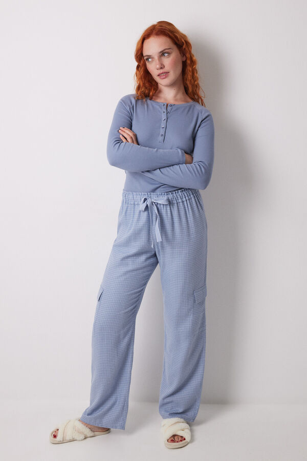 Womensecret Pantalón cargo largo con estampado de cuadros azul
