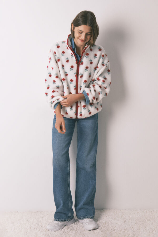 Women'secret Bata de tejido de borrego floral blanco marfil