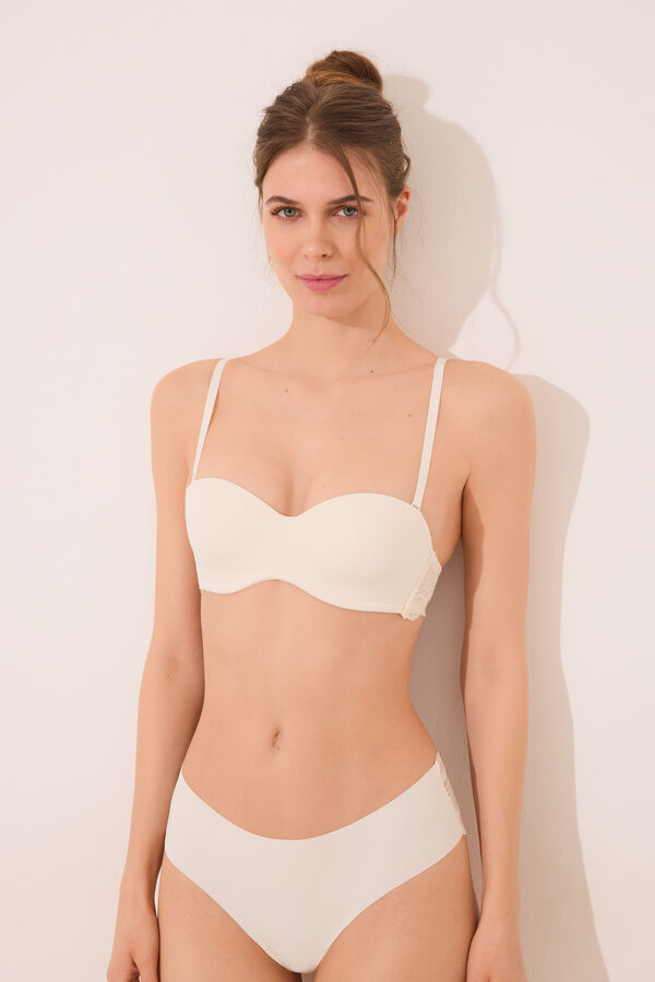 Womensecret Brasier sin tirantes en microfibra y encaje crema marfil