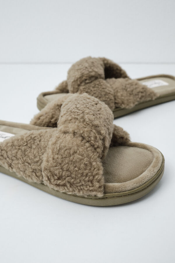 Women'secret Pantunflas de nudo borreguito verde kaki