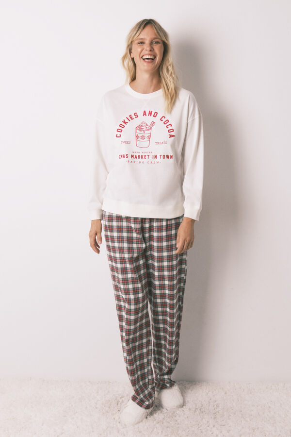 Women'secret Pijama larga 100% algod&oacute;n cuadros marfil