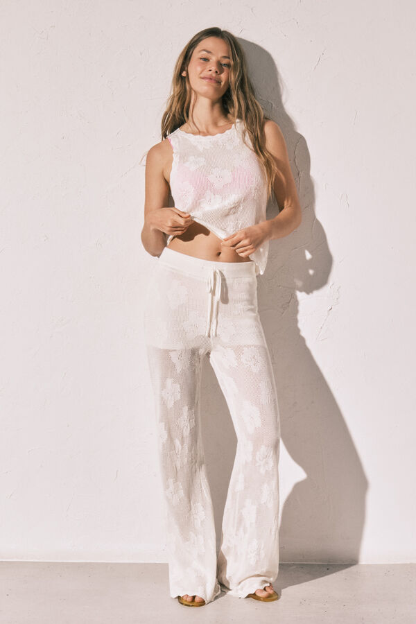 Women'secret Pantal&oacute;n largo de crochet beige marfil