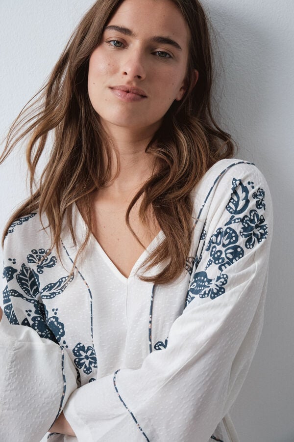 Women'secret Vestido caft&aacute;n de viscosa estampado floral blanco marfil
