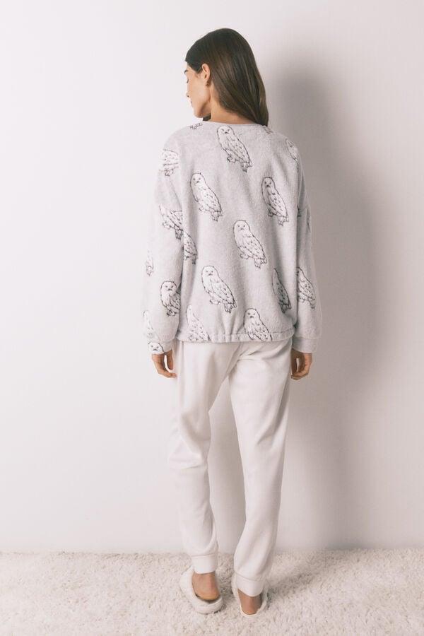Women'secret Pijama larga polar suave estampado "Hedwig" marfil