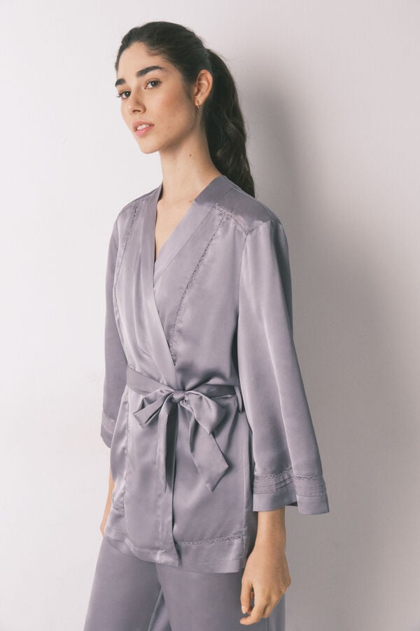 Women'secret Set de pijama satén y encaje gris gris