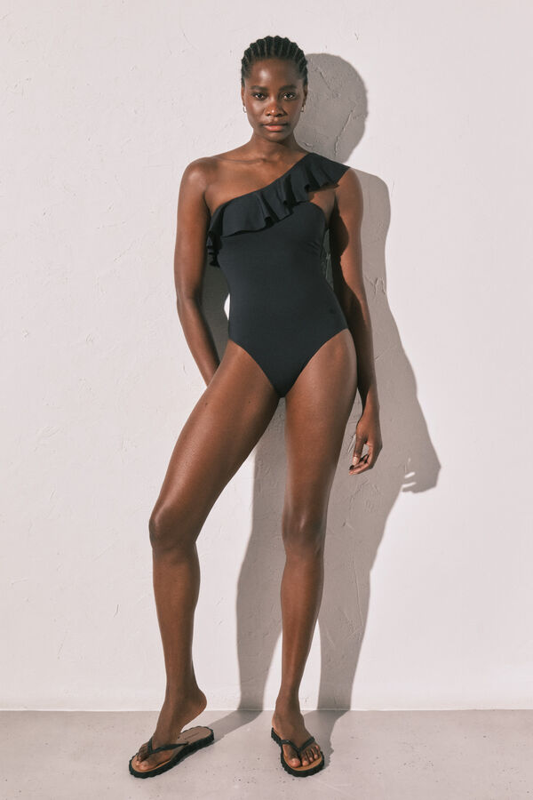 Women'secret Traje de ba&ntilde;o modelador volante asim&eacute;trico negro negro