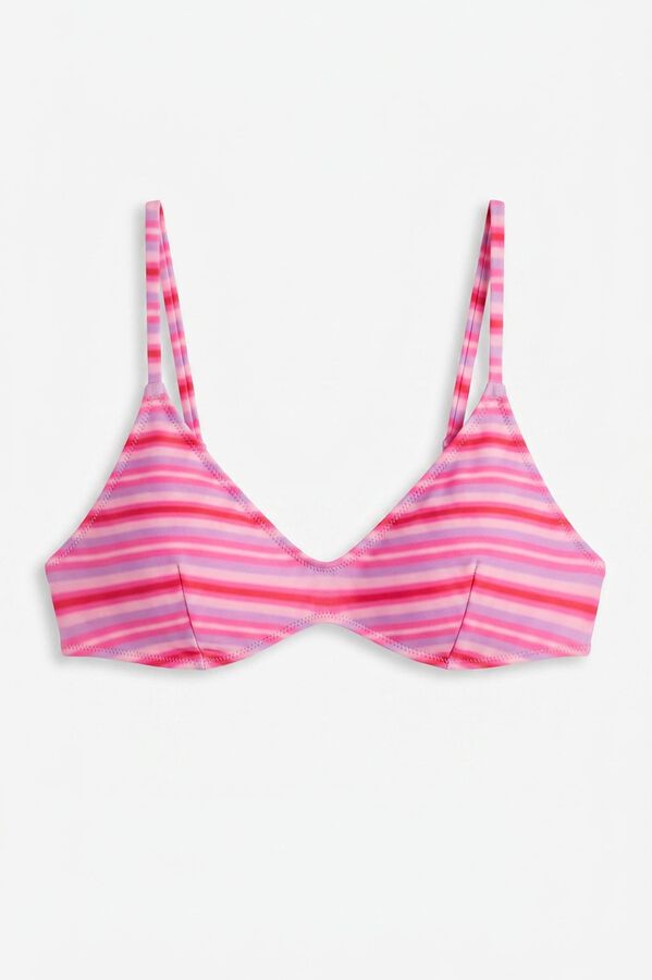 HI&BYE Top de bikini con escote en V estampado de rayas rosa rosa