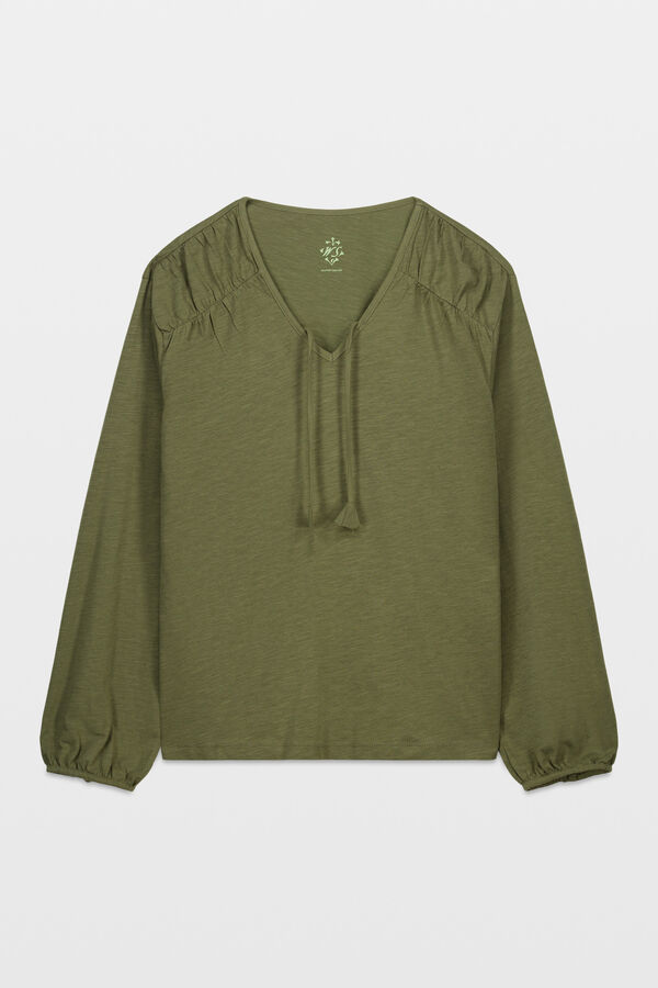 Women'secret Playera manga larga fruncida de algod&oacute;n verde kaki