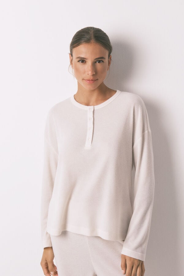 Women'secret Pijama larga con textura de gofre blanco marfil