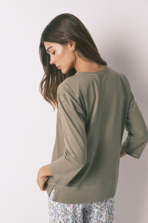 Women'secret Playera caqui de manga ¾ 100 % algodón  kaki