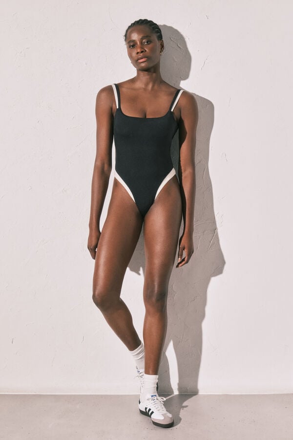 Women'secret Traje de ba&ntilde;o color block B&W espalda descubierta negro