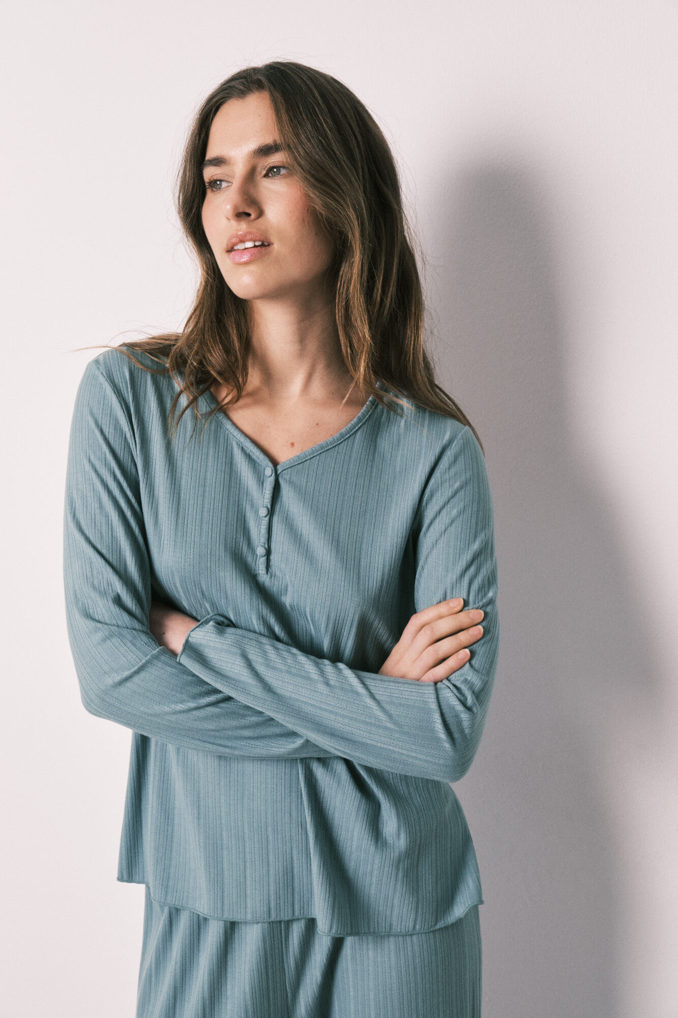 Women'secret Pijama larga de textura pointelle verde