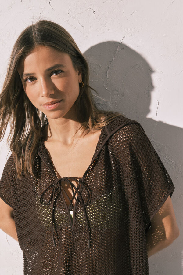 Women'secret T&uacute;nica corta con capucha de punto marr&oacute;n caf&eacute;