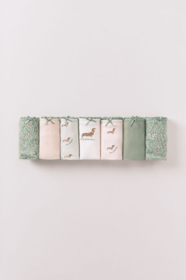 Women'secret Pack 7 panties cl&aacute;sicas de algod&oacute;n rosa y verde estampado