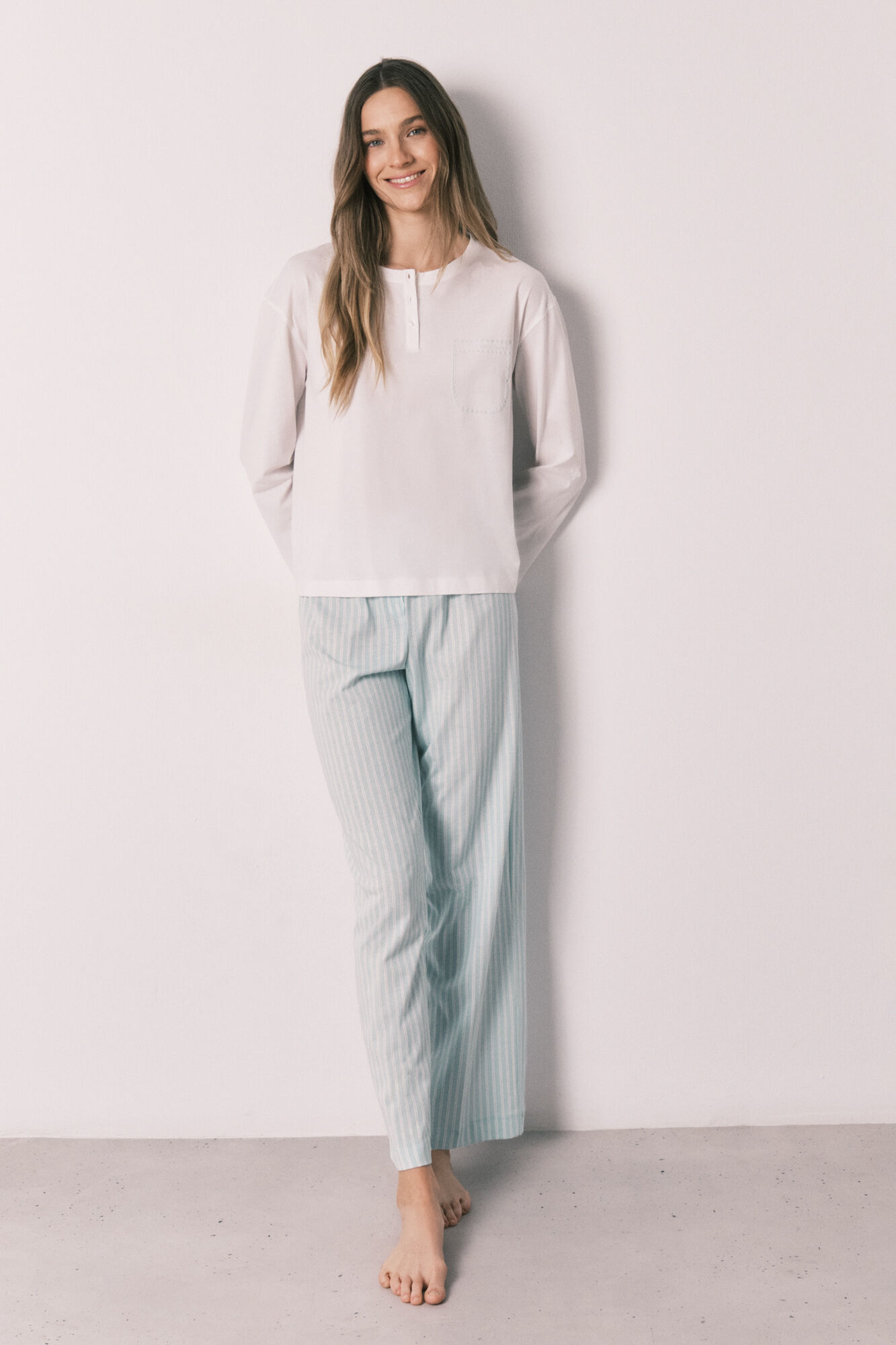 Women'secret Pijama larga de algod&oacute;n pantal&oacute;n a rayas verde