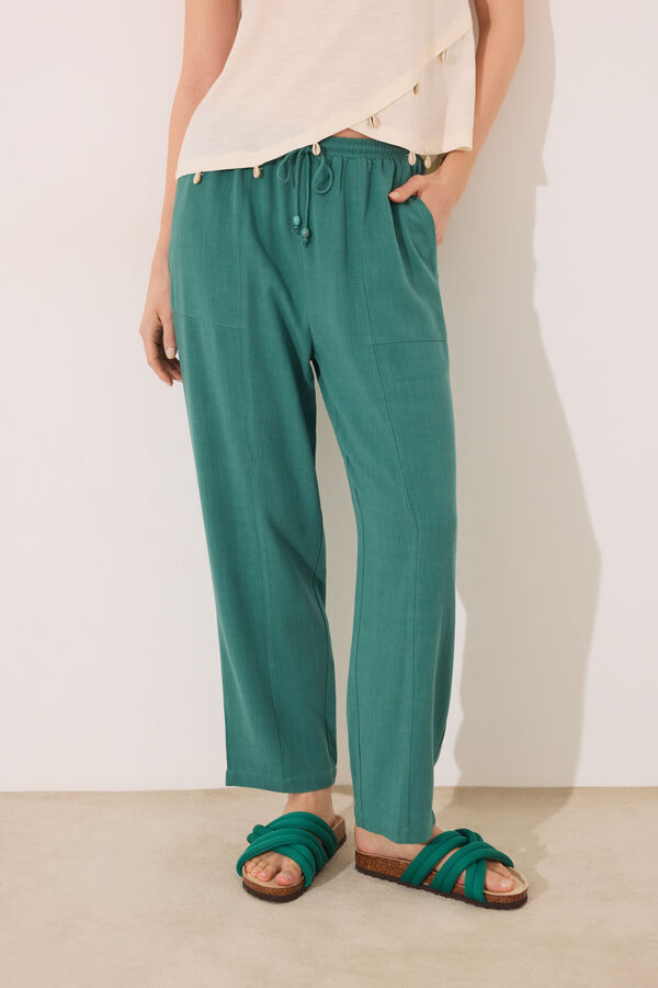 Womensecret Pantalón capri de lino y viscosa verde verde
