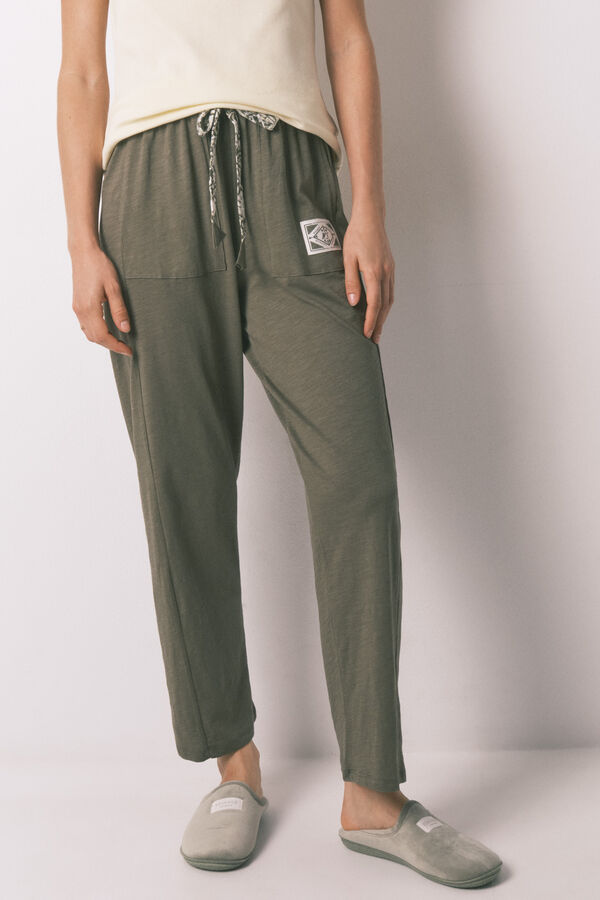 Women'secret Pantal&oacute;n largo de algod&oacute;n verde kaki
