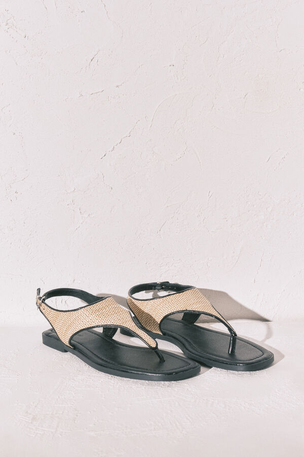 Women'secret Sandalias planas de dedo de rafia negro