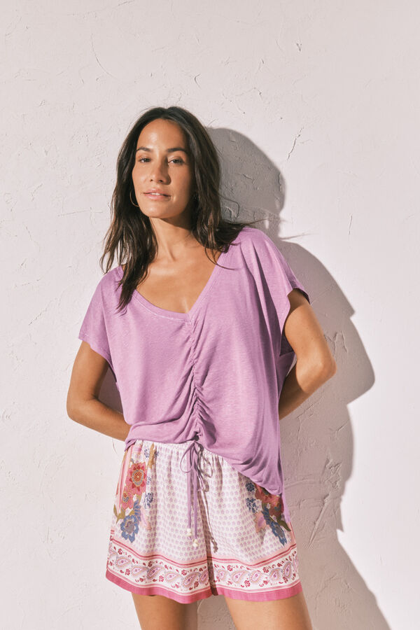 Women'secret Playera corta de viscosa y lino lila morado/lila