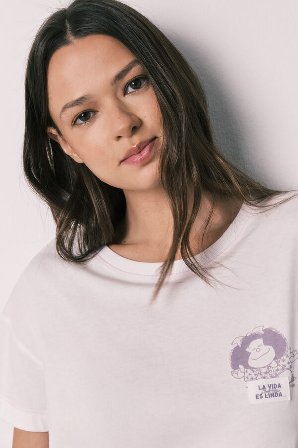 Women'secret Pijama larga de algod&oacute;n Mafalda a cuadros marfil