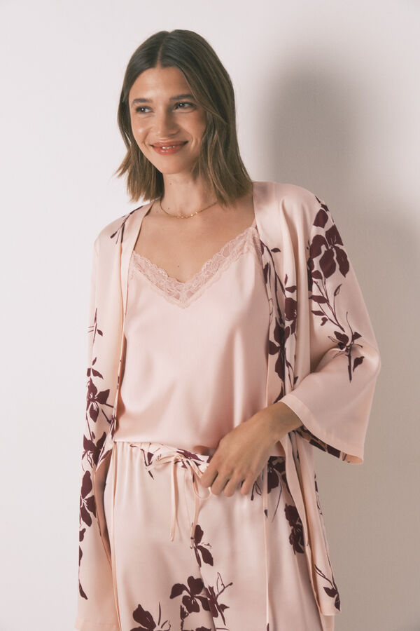 Womensecret Conjunto floral de satén rosa de 3 piezas rosa