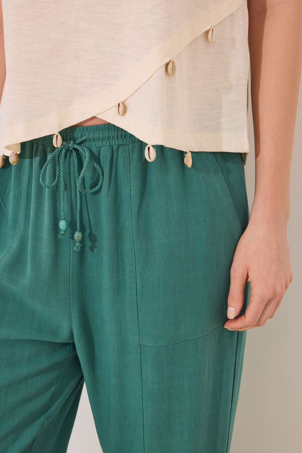 Womensecret Pantalón capri de lino y viscosa verde verde