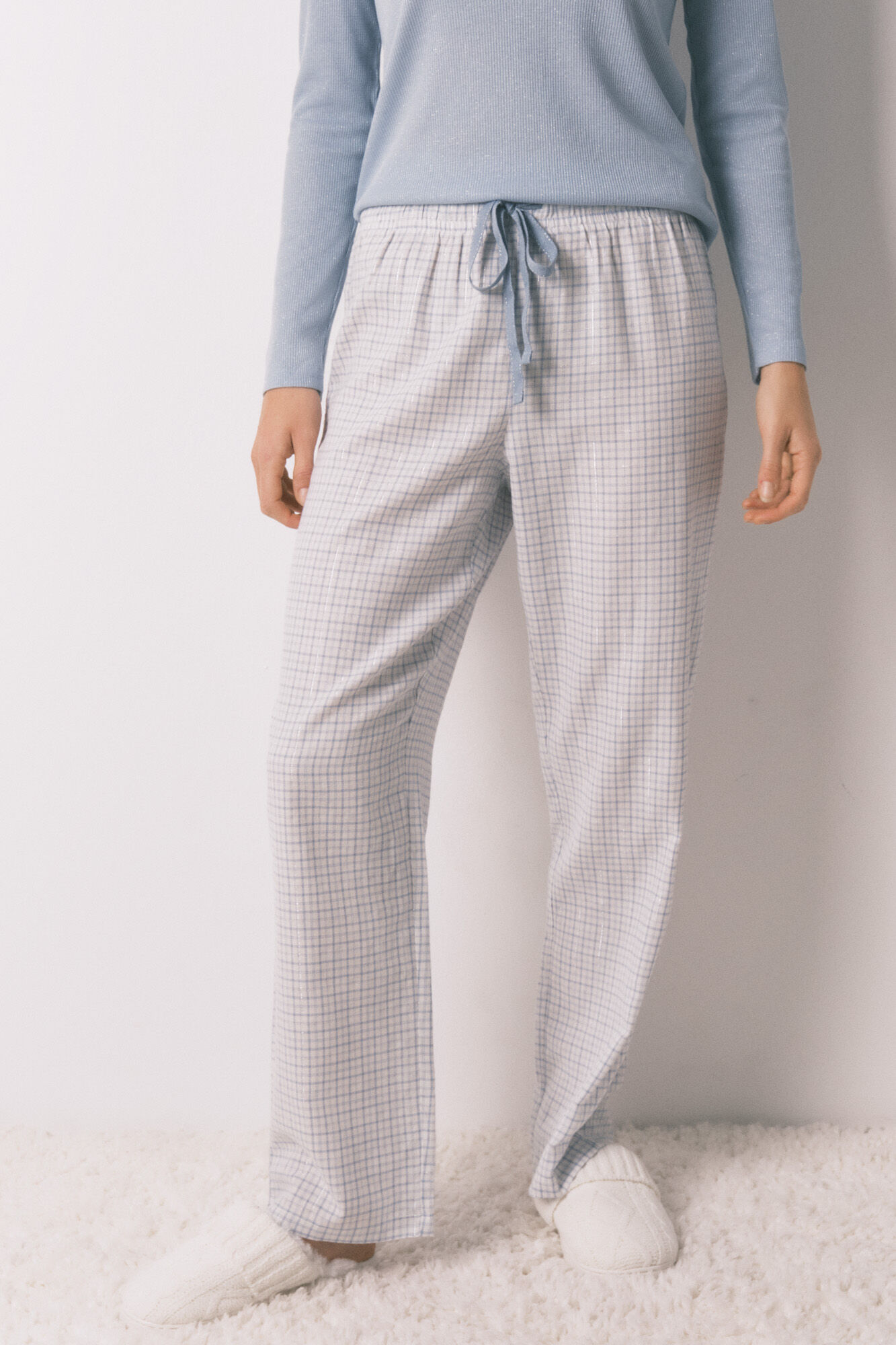 Women'secret Pijama larga cuadros con efecto brillante azul