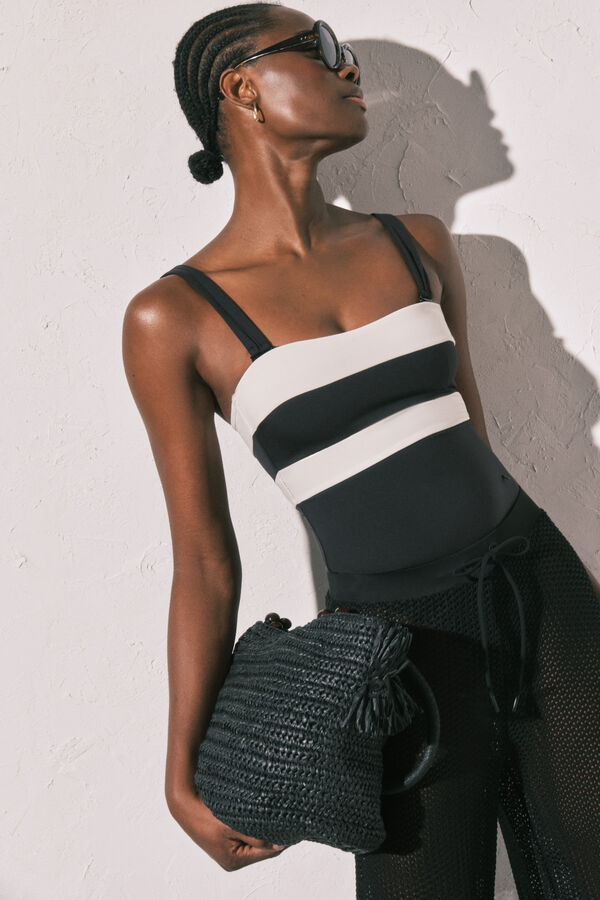 Women'secret Traje de ba&ntilde;o bandeau modelador color block B&W negro