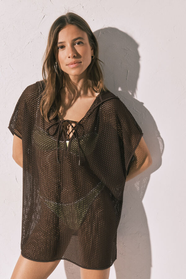 Women'secret T&uacute;nica corta con capucha de punto marr&oacute;n caf&eacute;