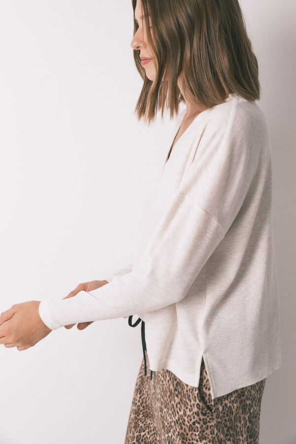 Women'secret Playera de manga larga con estampado de gofre color marfil marfil