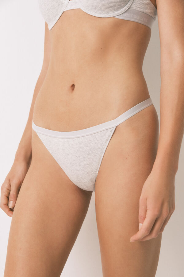Women'secret Tanga de algodón acanalado gris gris