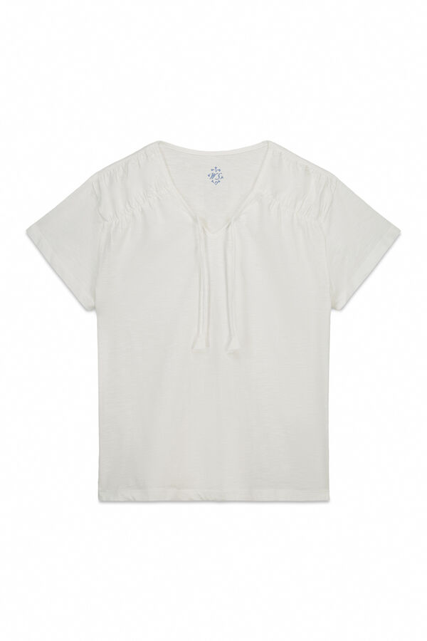 Women'secret Playera manga corta fruncida de algod&oacute;n blanca marfil