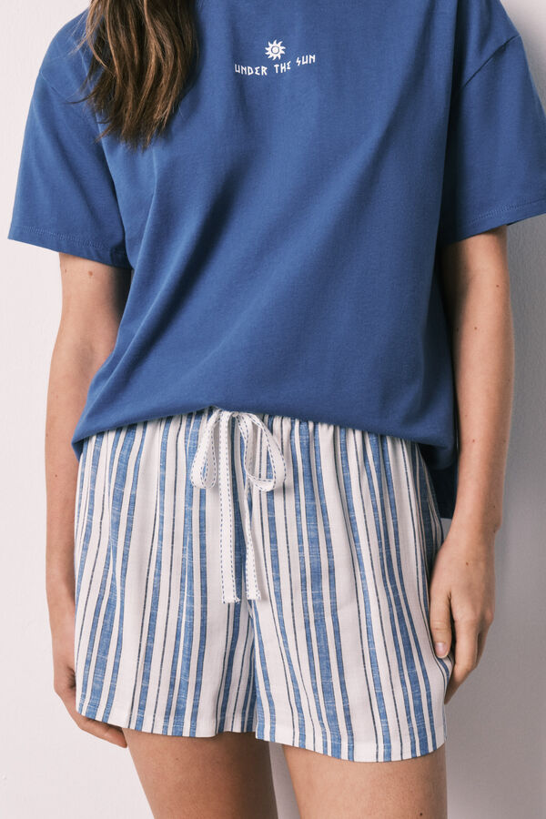 Women'secret Pijama corta de algod&oacute;n y viscosa a rayas azul estampado
