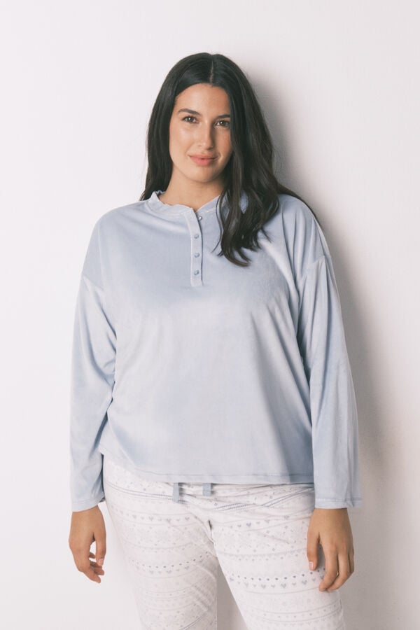 Women'secret Pijama larga polar suave cenefas azul azul