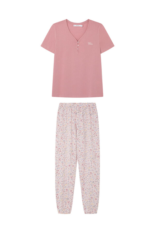 Womensecret Pijama larga 100% algodón flores manga corta rosa