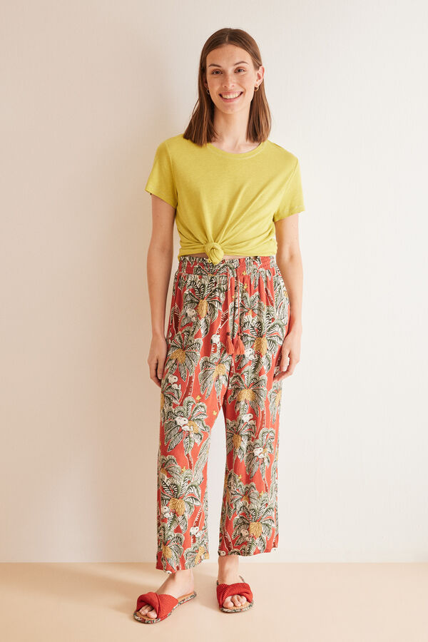 Womensecret Pantalón largo fluido tropical Snoopy estampado