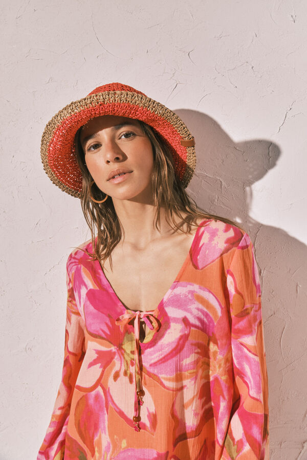 Women'secret Sombrero bucket de rafia bicolor coral