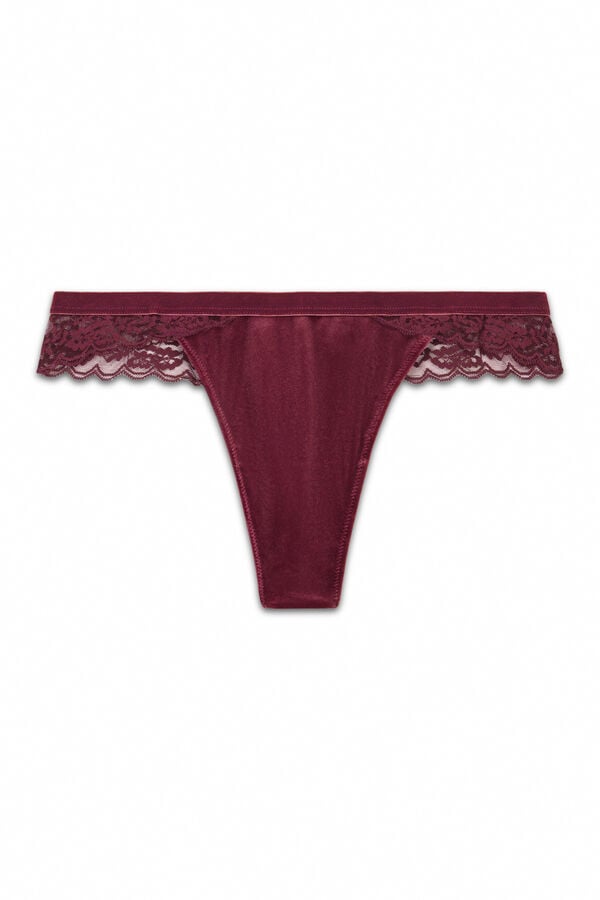 Women'secret Tanga de encaje burdeos y terciopelo púrpura