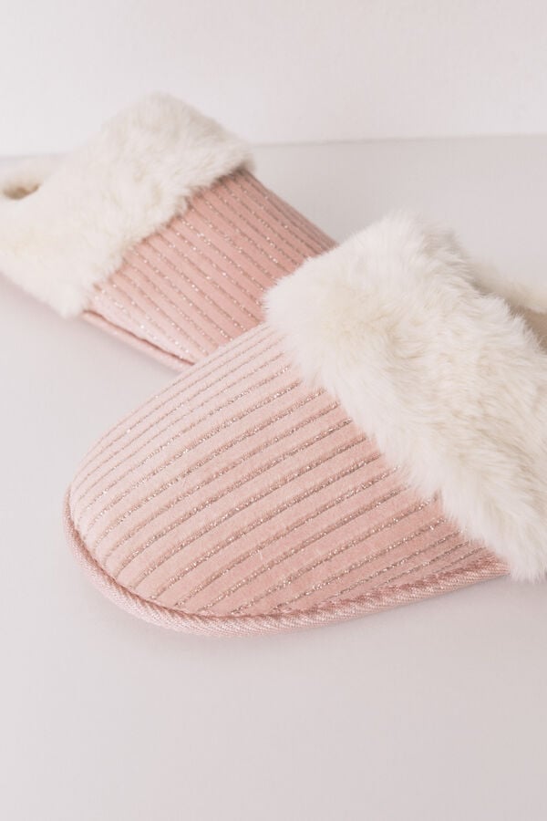 Women'secret Pantuflas para casa de pelo de lurex rosa rosa