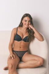 Women'secret Tanga de encaje con estampado animal negro gris