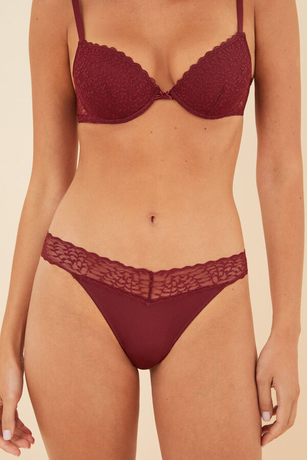 Womensecret Panty encaje microfibra carmín púrpura