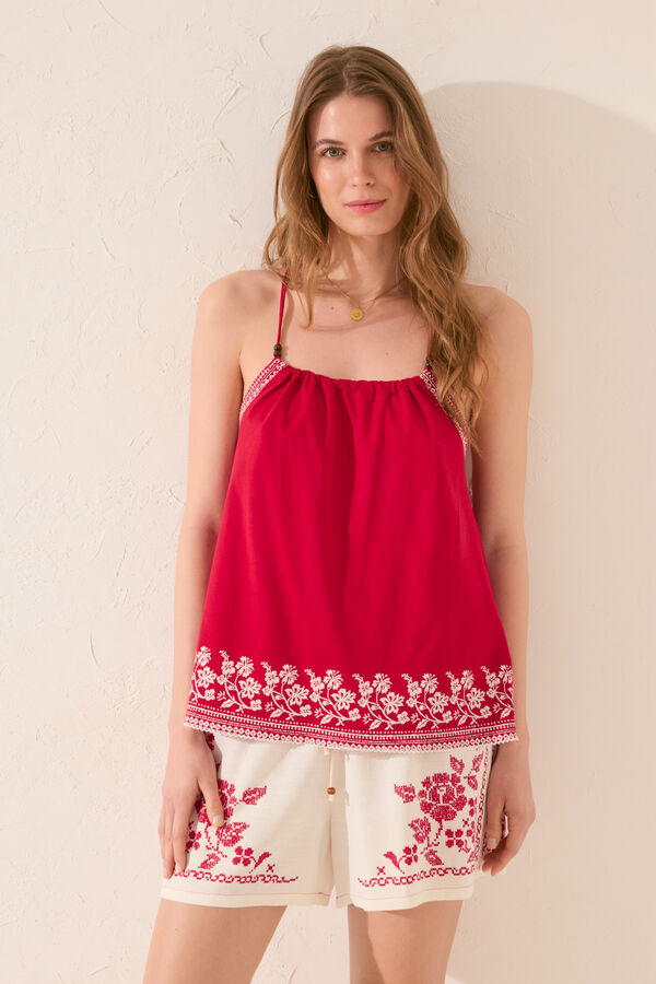 Womensecret Playera de tirantes bordado en rojo 100 % algodón rojo