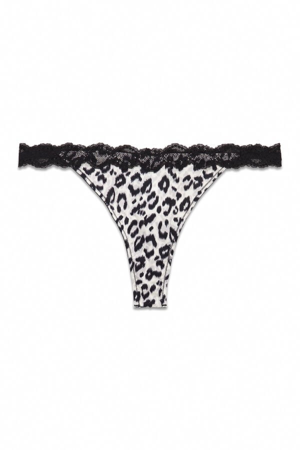 Women'secret Tanga negra de encaje con estampado animal estampado