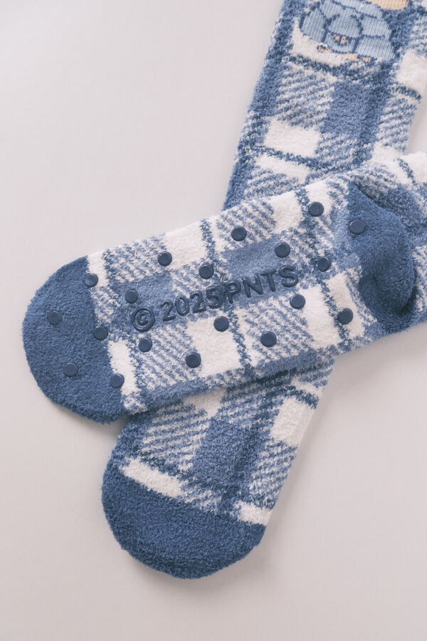 Women'secret Calcetines largos de piel con estampado de cuadros de Snoopy azul