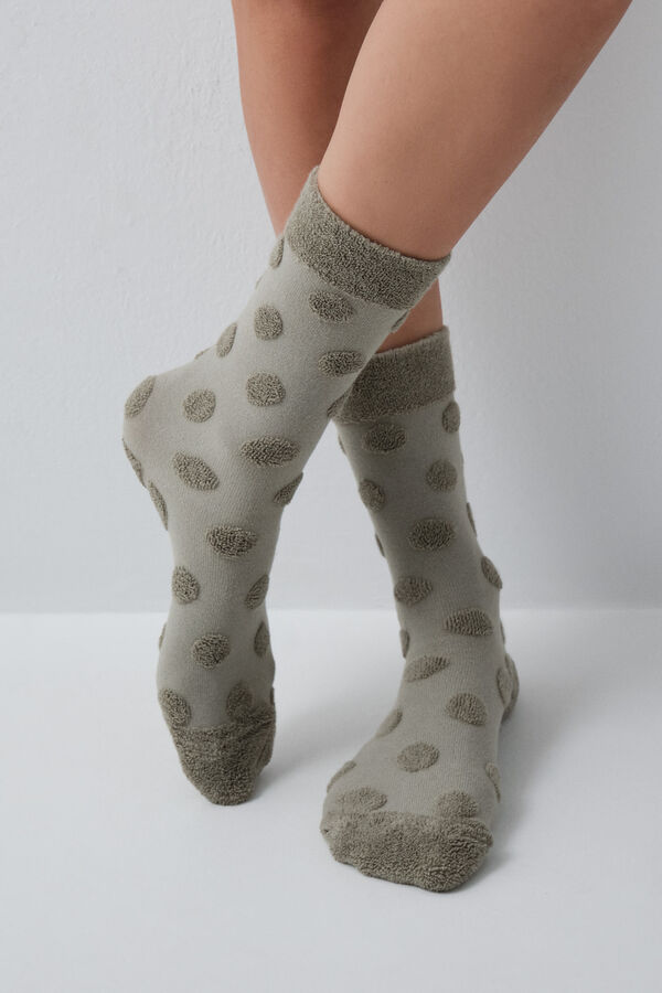 Women'secret Calcetines largos de textura de puntos verde kaki