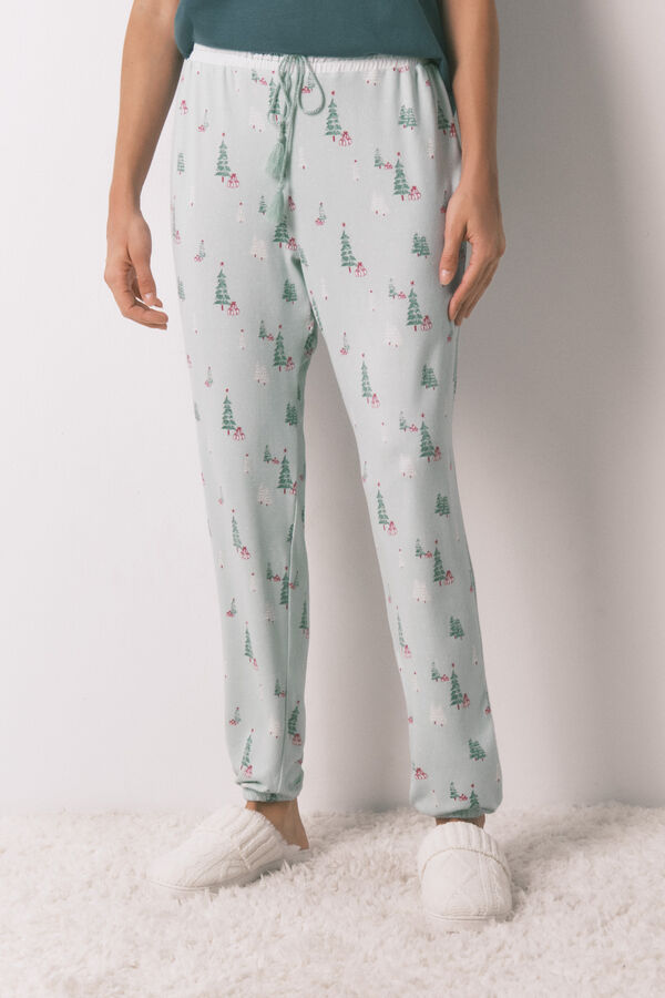 Women'secret Pantalón largo de tejido con estampado navidad verde