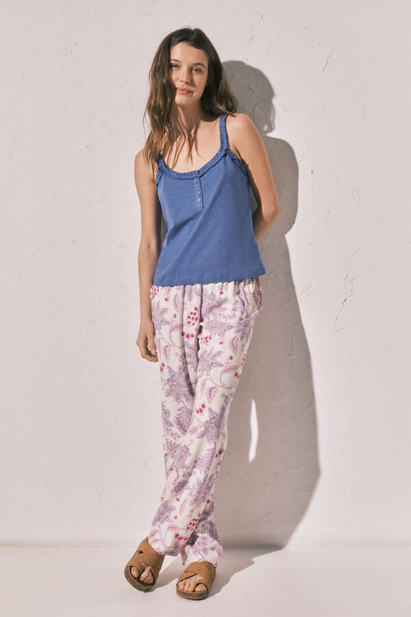 Women'secret Playera de tirantes con volantes de algod&oacute;n azul azul